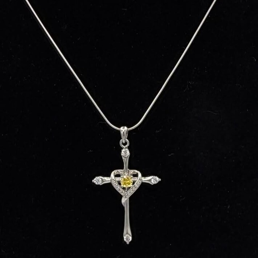 S925 1.25" Cross Pendent with 16" Chain-November (L. Orange-Cubic Zirconia)